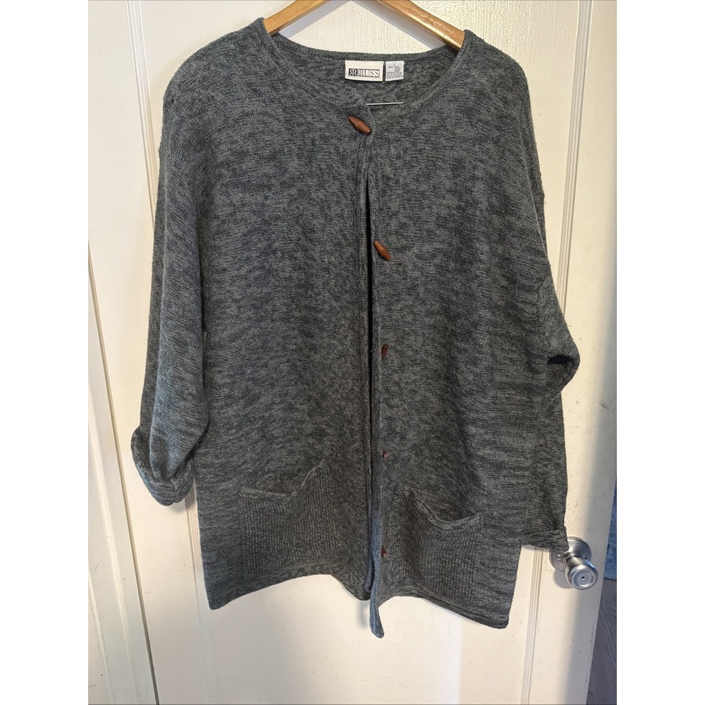VTG Russ 100% Wool Cardigan Sweater Large Navy Cardi Button Up Granny